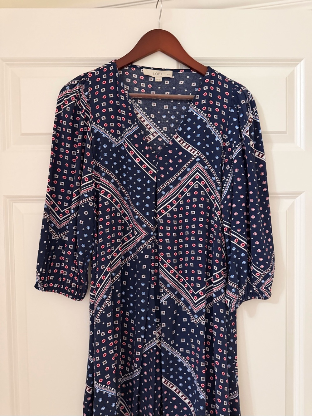LOFT Navy Geometric Bandana-Print Midi Dress